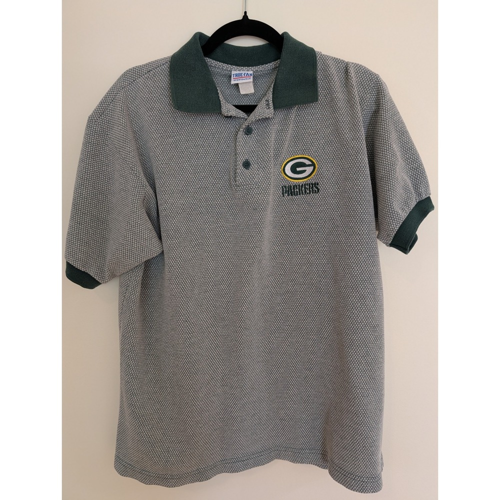 True Fan Green Bay Packers Polo Shirt Mens L Grey Green Honeycomb Knit NFL Logo